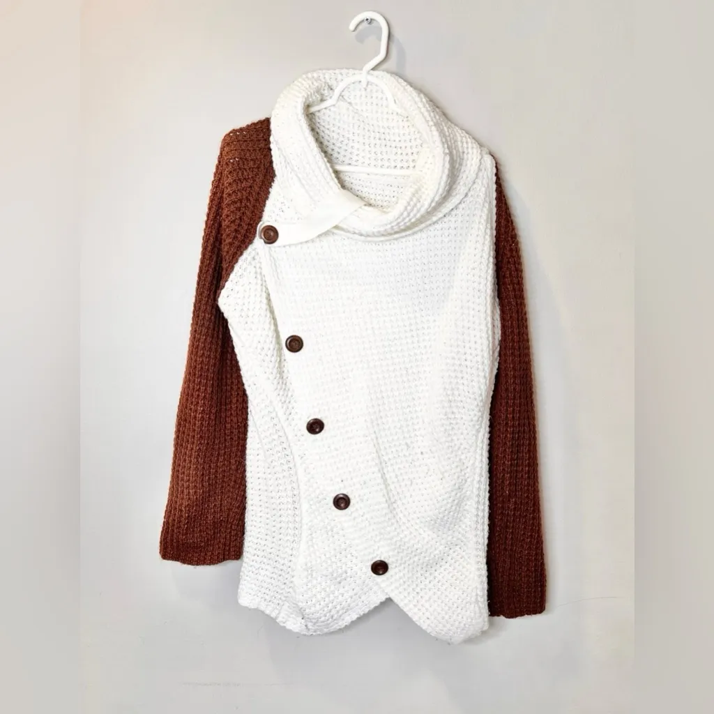 Women’s Button Turtle Cowl Neck Asymmetric Hem Wrap Pullover Sweater Size XL White - Image 2