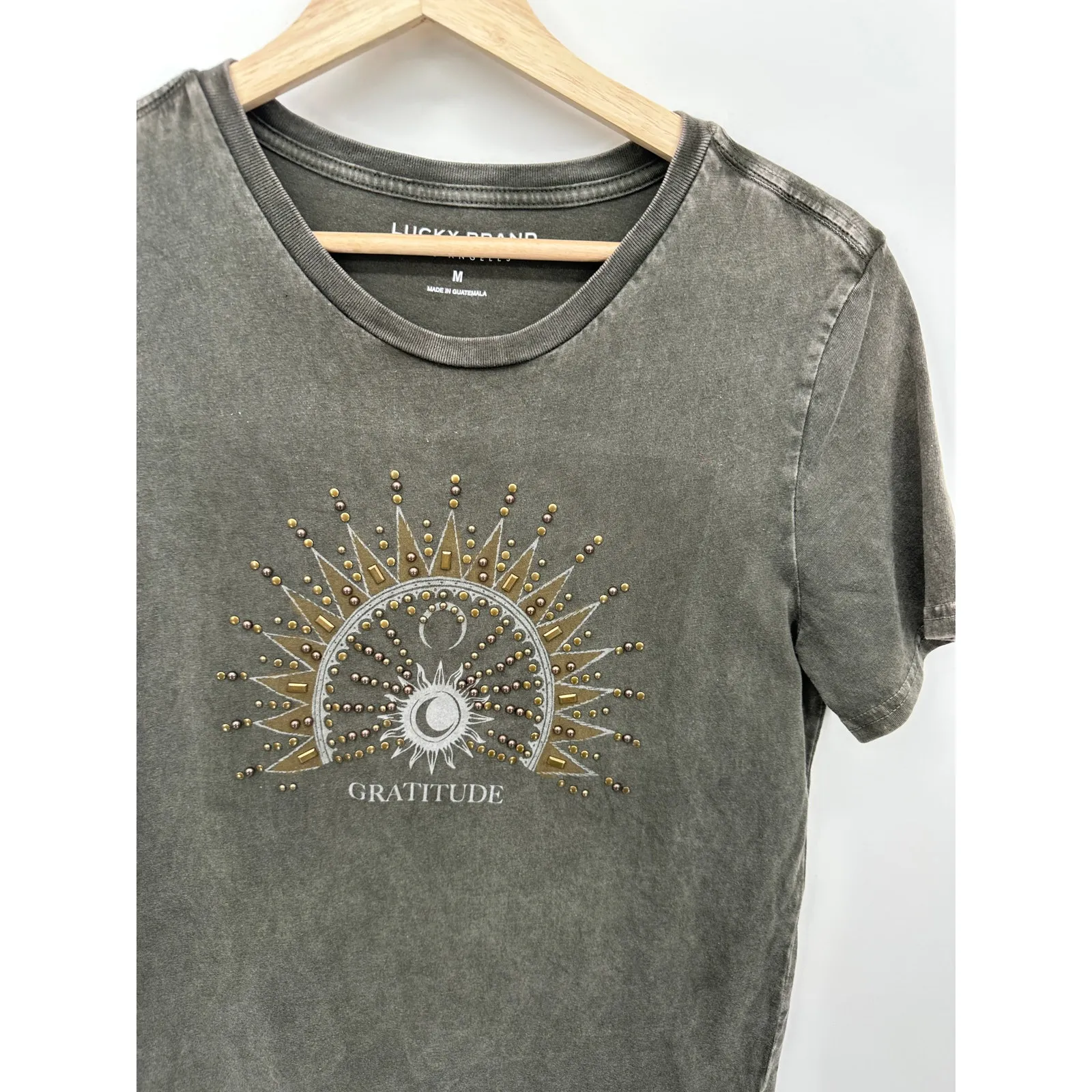 Lucky Brand Womens Green Graphic T-Shirt Size Medium Sun Gratitude Boho Washed - Image 4