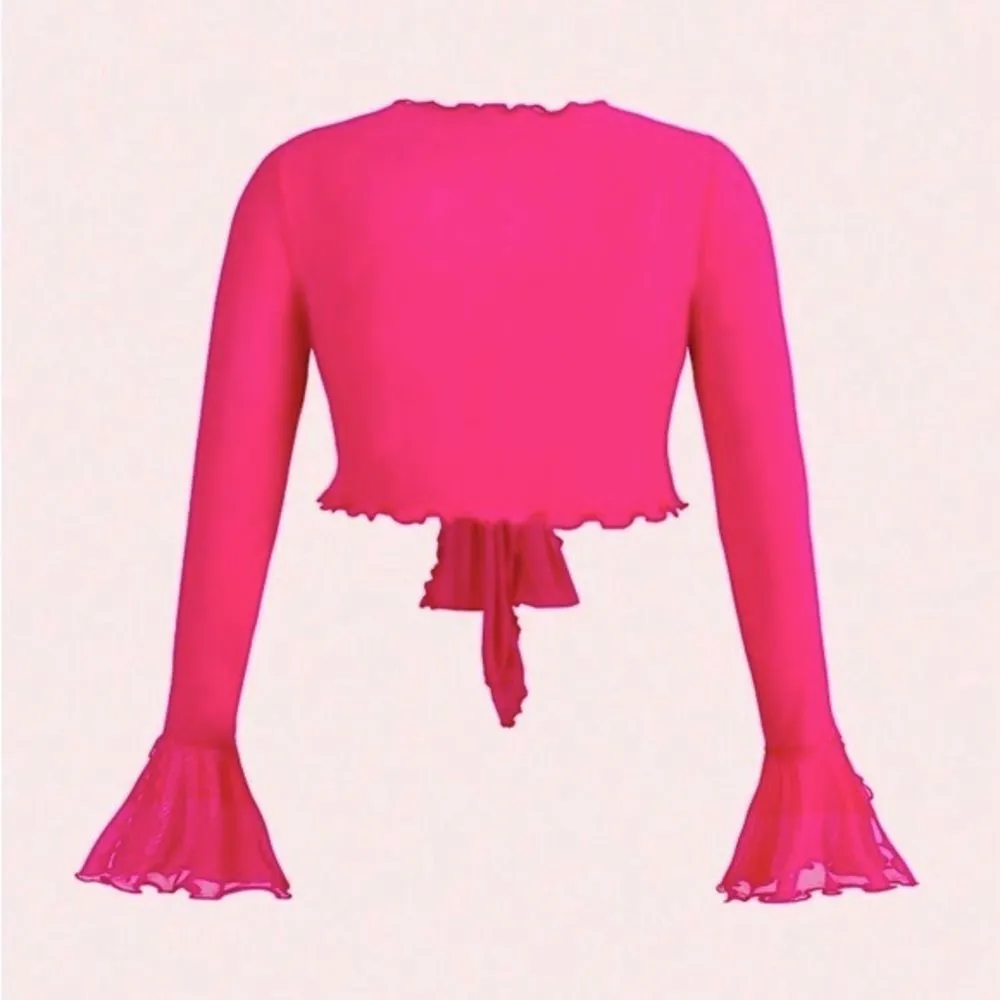 SHEIN ICON Hot Pink Lettuce Trim Knot Front Flare Sleeve Crop Top size XS - Image 12