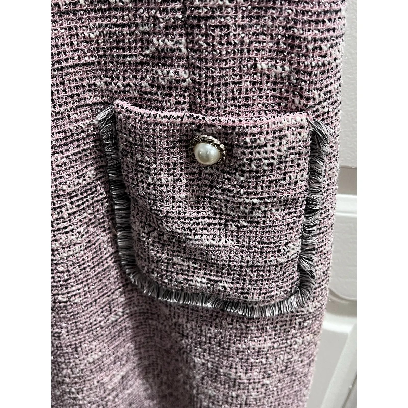 Karl Lagerfeld Paris Pink Tweed Shift Dress 14 Sleeveless Pearl Button Pockets - Image 2