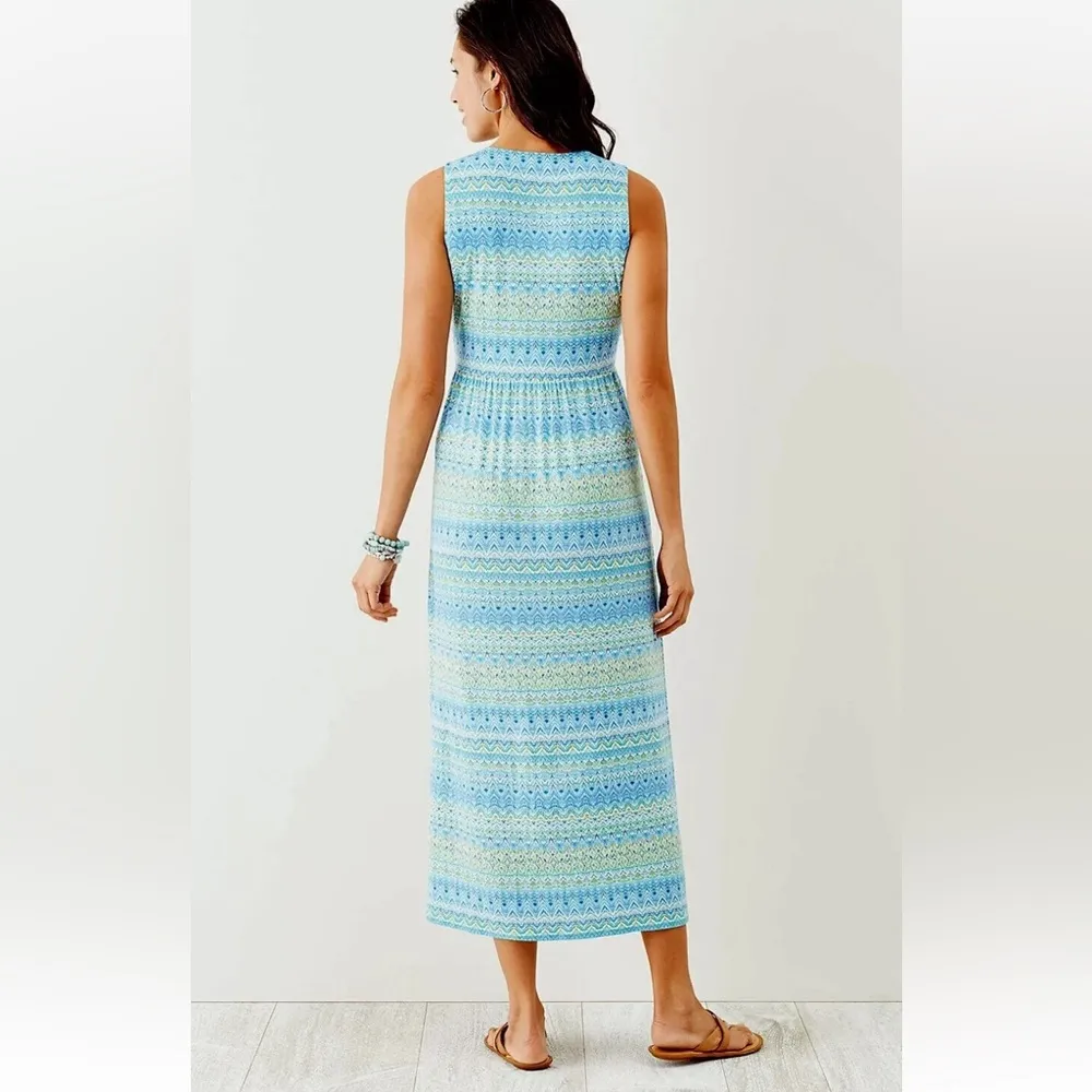 J. Jill Aegean Island Print Blue Green Stretch Maxi Dress Sz XL Wrap V Neckline - Image 4