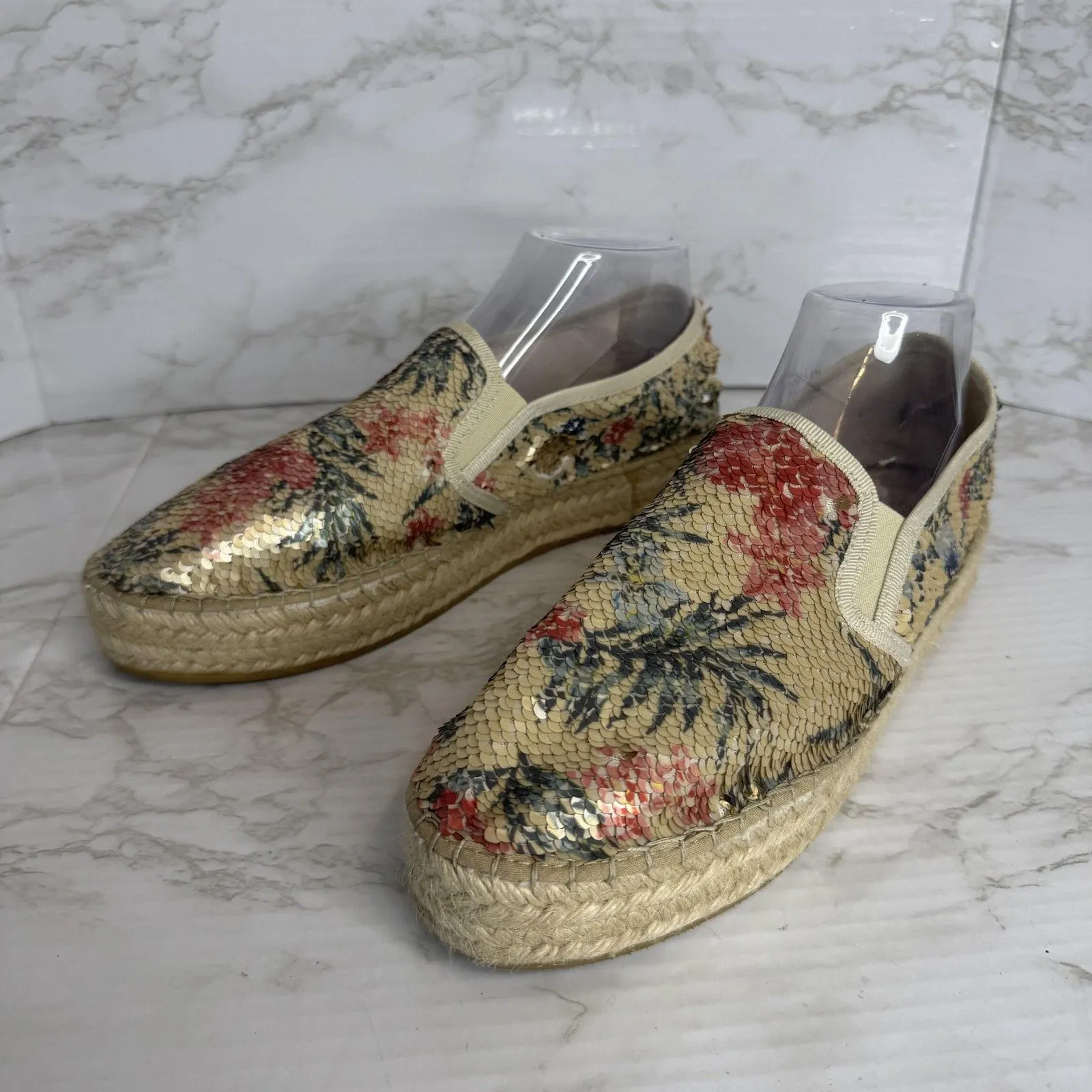 Toni Pons Shoes Womens SZ 10 Gold Floral flip Sequin Espadrille Platform Slip On - Image 2