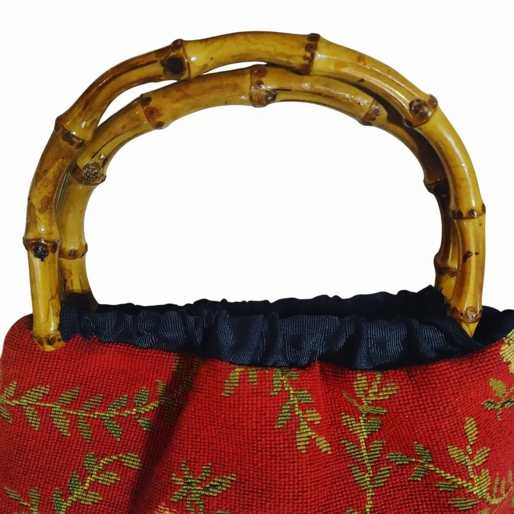 Teramasu Red Green Floral Tapestry Handbag Lined One Of A Kind Bamboo Handles - Image 13