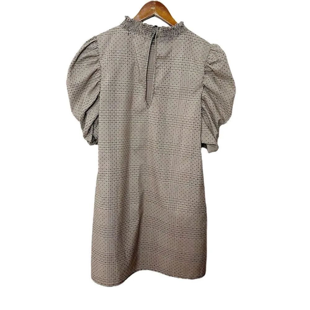 ZARA Plaid Puff-Sleeve Mini Dress Women’s Size M Smocked Neckline Brown Chic - Image 7