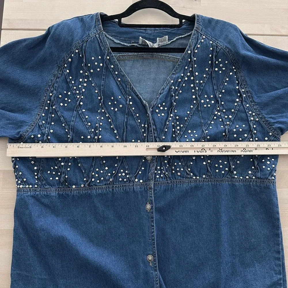 Vintage Denim Shirt Womens 1X Western Studded Button Up Overcoat Ranch Prairie Blue - Image 9