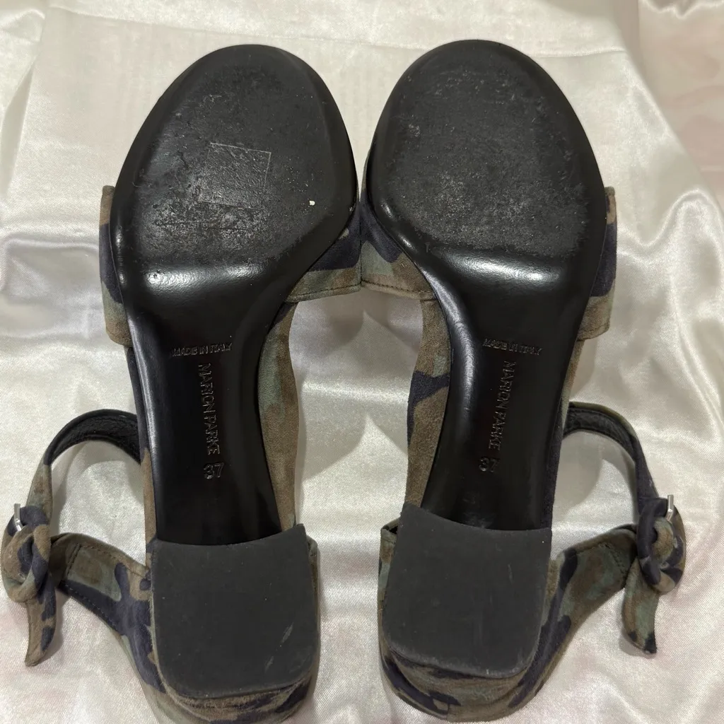 Marion Parke Lora Heeled Sandals Size 37/7 Green Camo Suede Block Heel Chic Edgy - Image 7