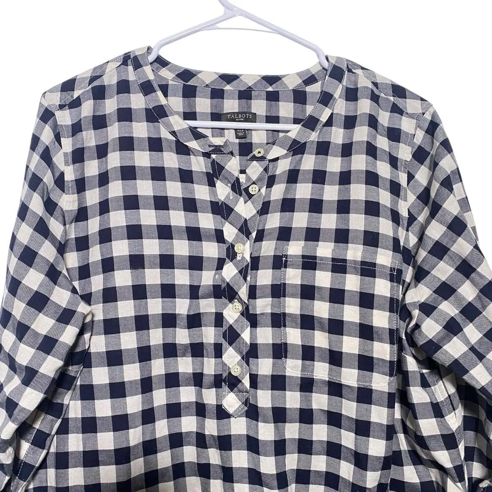 Talbots Petites Womens XL Buffalo Plaid Long Sleeve Shirt ½ Buttons Navy White - Image 3