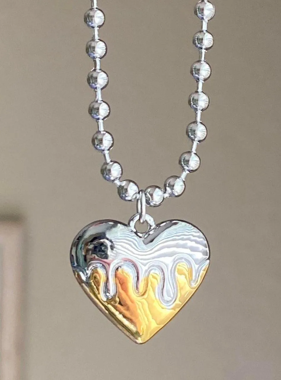 grunge y2k dripping heart fully stainless steel ball chain necklace💛 - Image 2