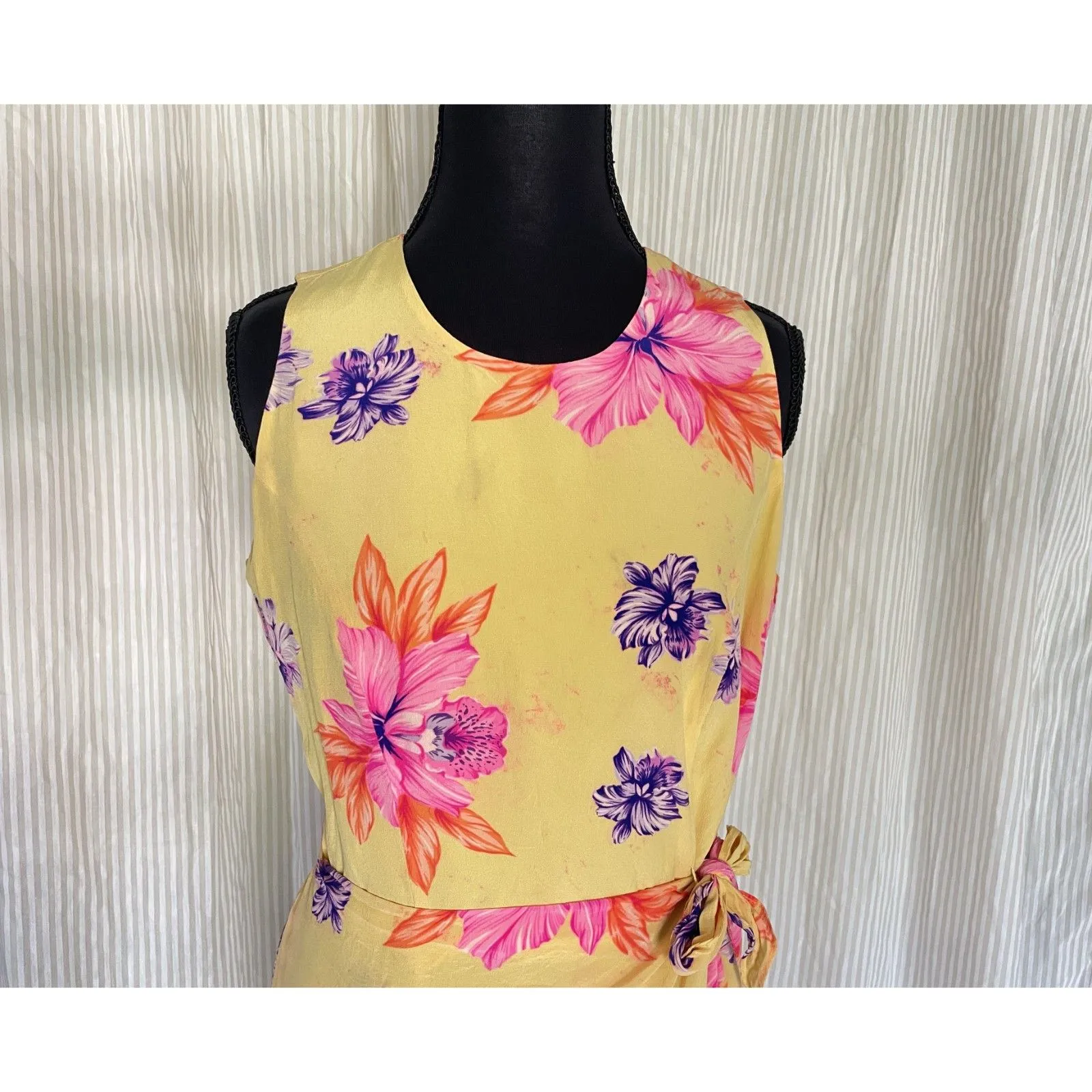 VTG Spenser Jeremy Womens Silk Wrap Tie Maxi Dress Sz 8 Yellow Floral Sleeveless - Image 4