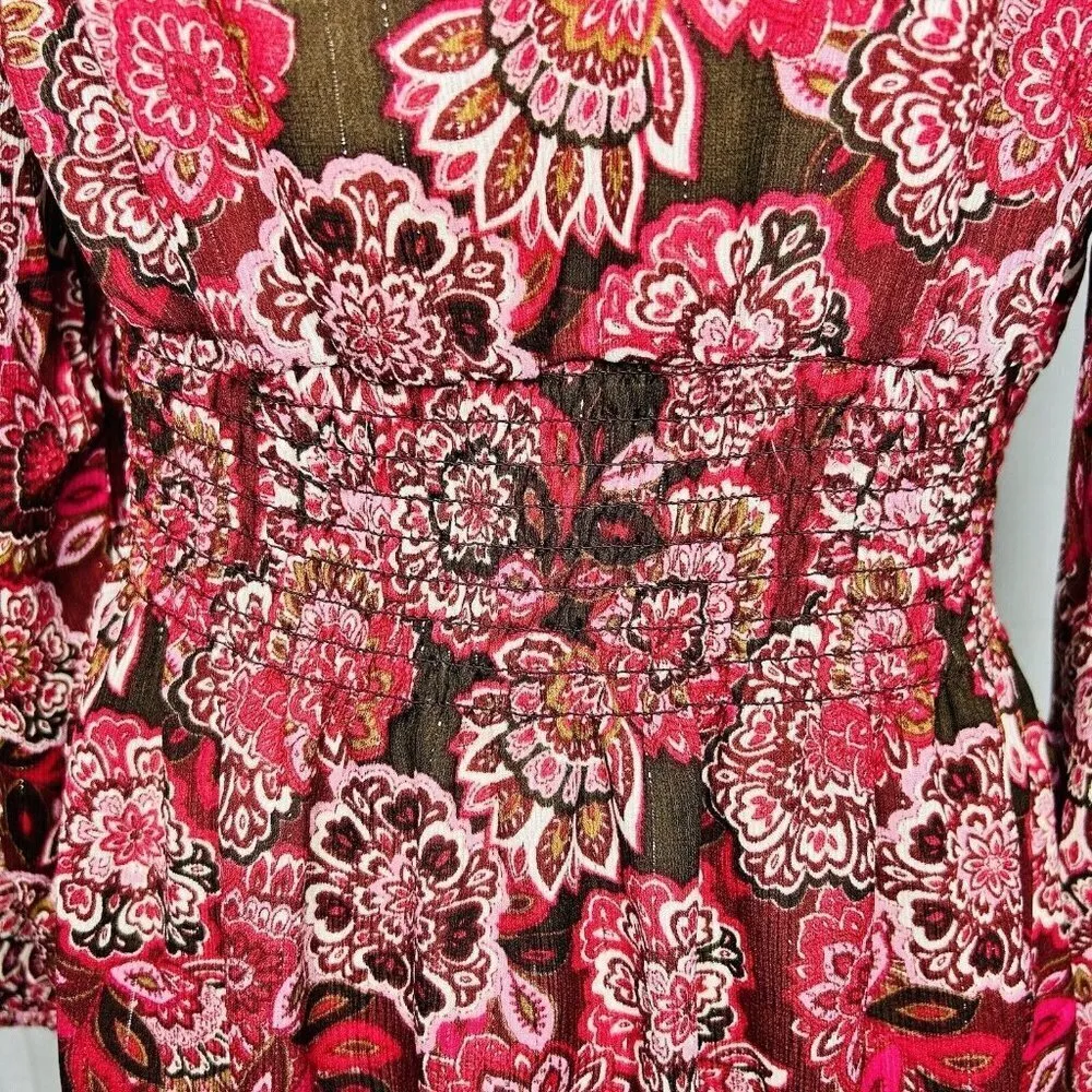 Rose + Olive Floral Print Metallic Boho Mini Shift Dress Smocked Waist Sz S - Image 5