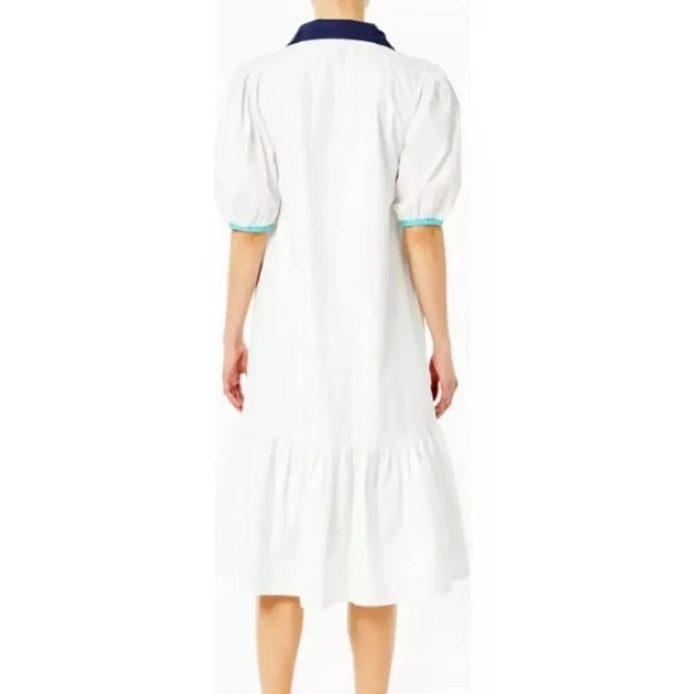 ADDISON BAY ISLE DRESS 100% Poplin Cotton White Blue Pipping Drop Waist Midi Sma - Image 5
