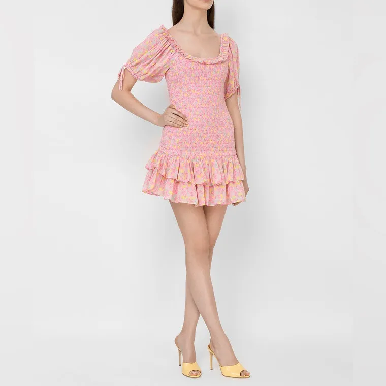 LoveShackFancy Pink Floral Puff Sleeve Mini Dress Sz M Smocked Romantic Cottage - Image 2