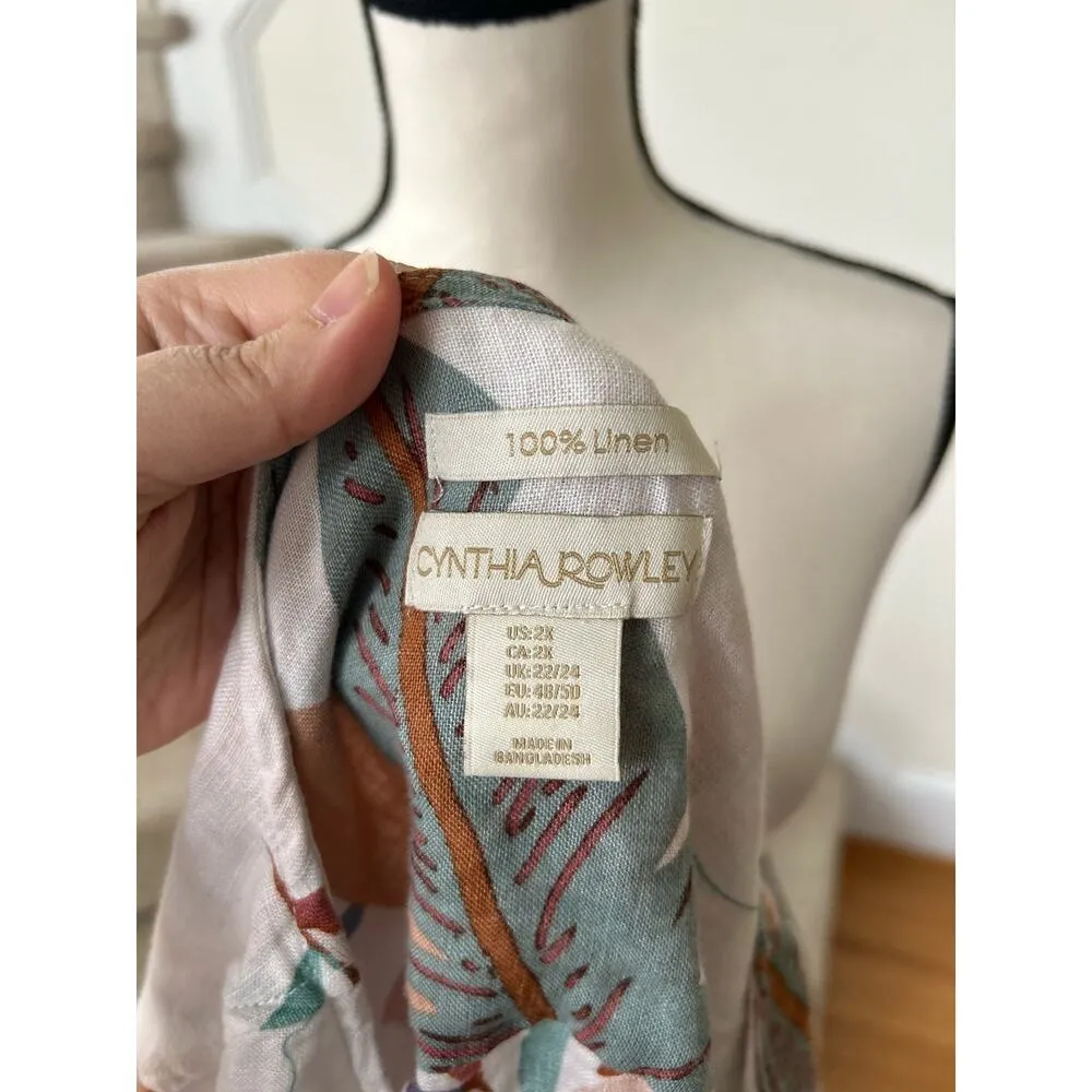 Cynthia Rowley Linen White & Neutral Leaf Button Front Shirt - Image 5