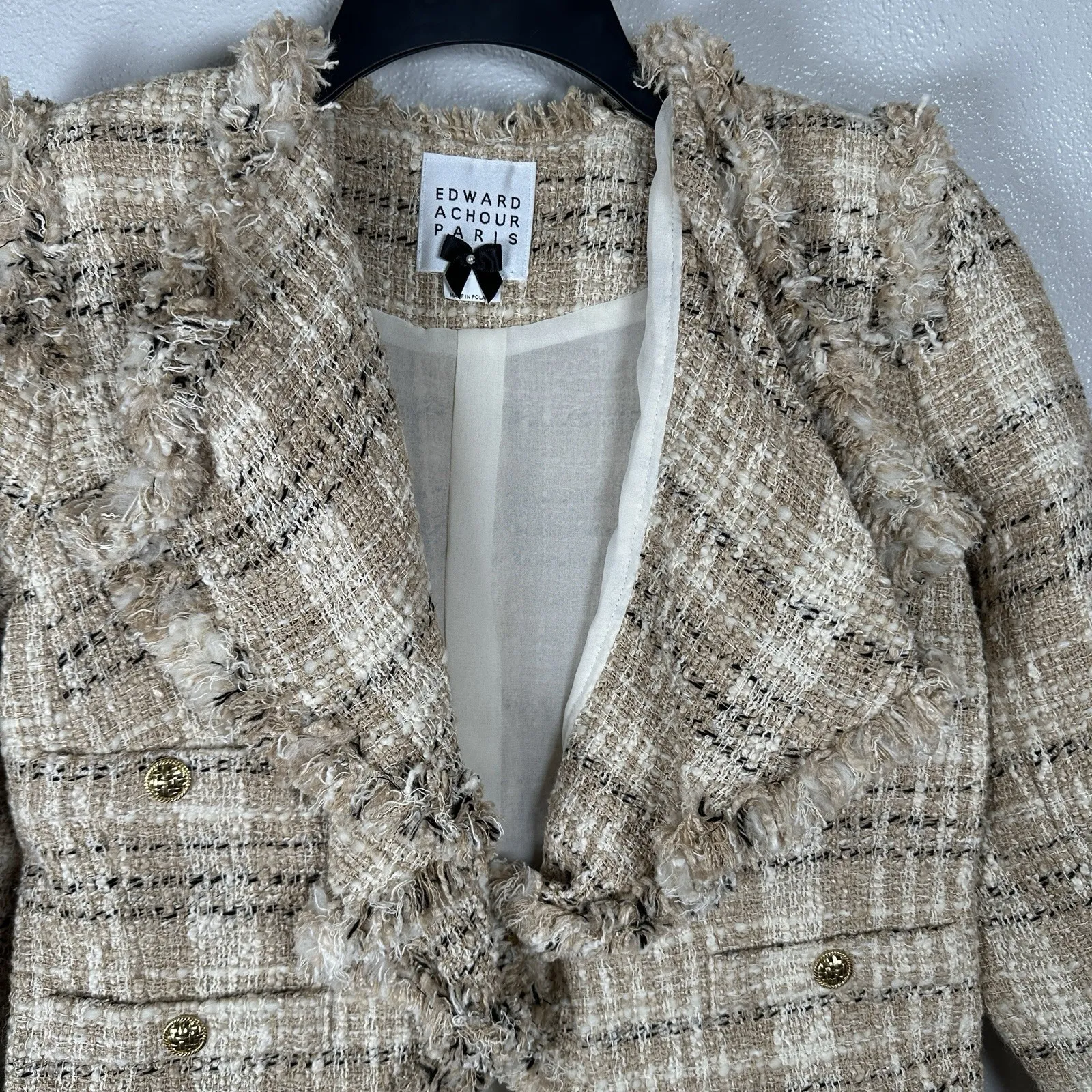 Edward Achour Paris Tweed Blazer Jacket Sz 42 Beige 3/4 Sleeve Cotton Wool Linen Tan - Image 2