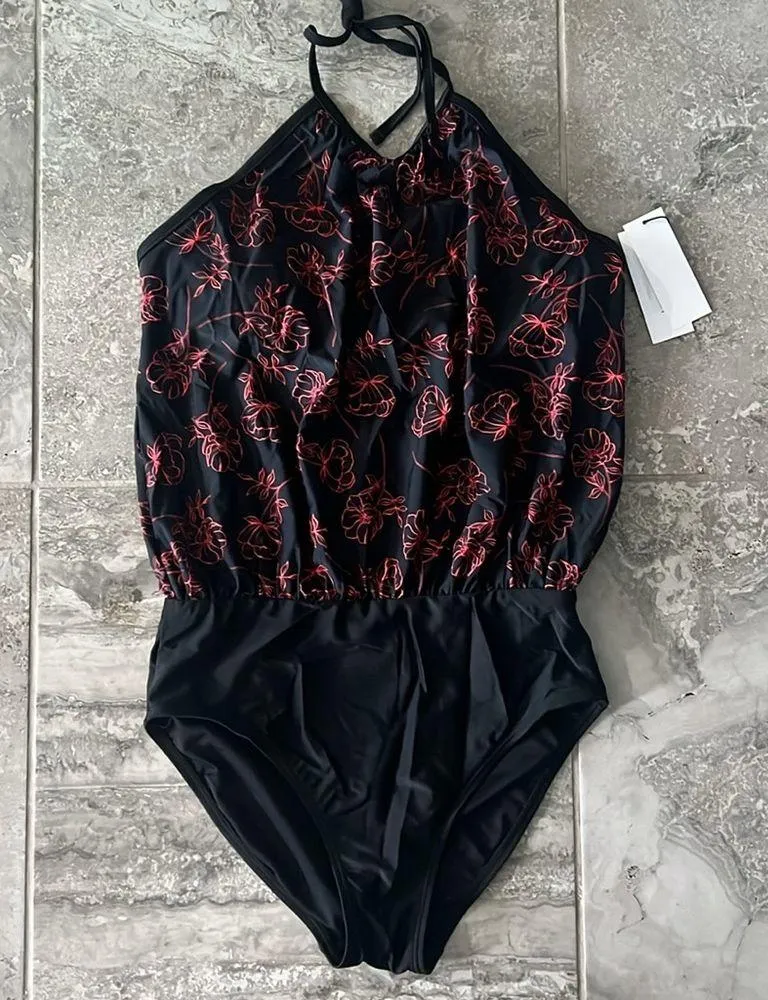 Calvin Klein High Neck Halter Blouson in Black/Red, Size 8 NEW w/Tag $118 - Image 2