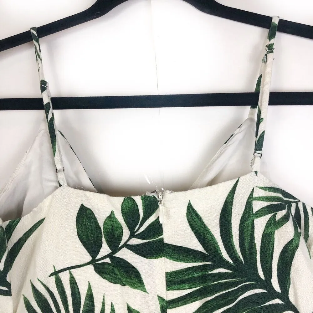 LUSH Green Tropical Leaf Linen Romper with Faux Wrap Skirt Twist Front Sz Small - Image 6