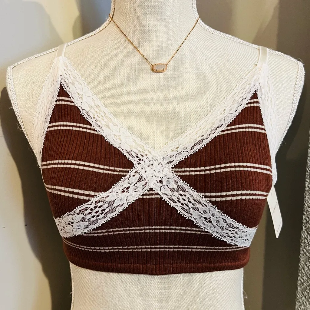 FREE PEOPLE GiGi Seamless Striped Bra Umber Earth Brown White Bohemian Size XS/S - Image 2