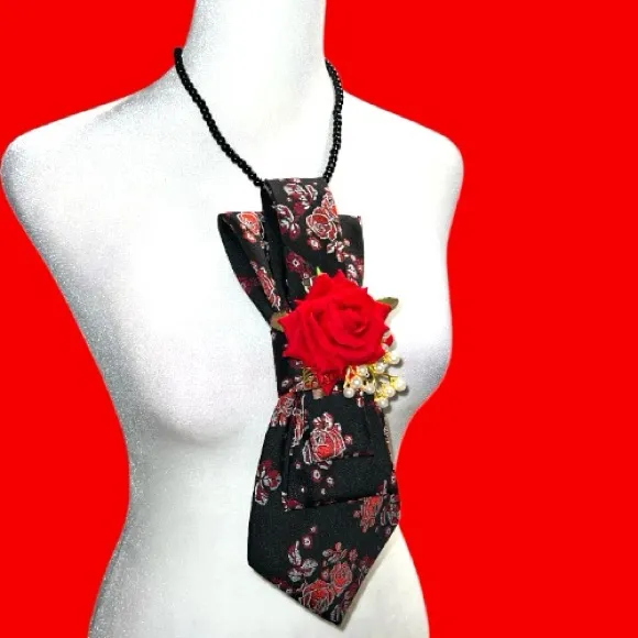 “Dainty Dapper”Floral Black Necktie necklace with Red Rose Accent - Image 4