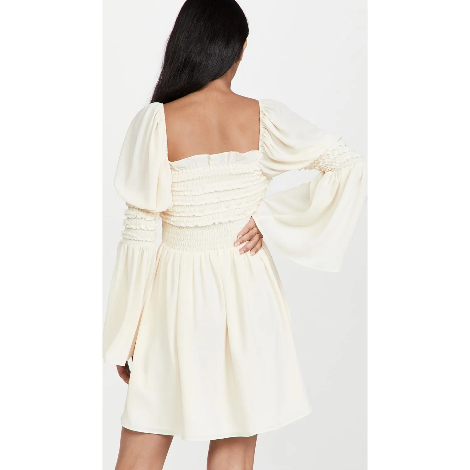 o.p.t Luanne Cream Square Neck Puff Long Sleeve Smocked Mini Dress Size XS - Image 2