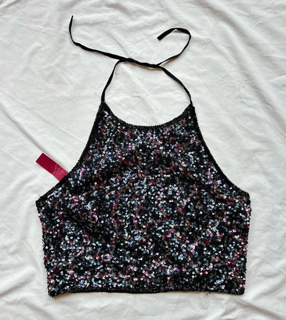 NEW WITH TAGS Emma Black Silk embellished Sequin Halter Crop Top Cami tank top Size 6 - Image 2