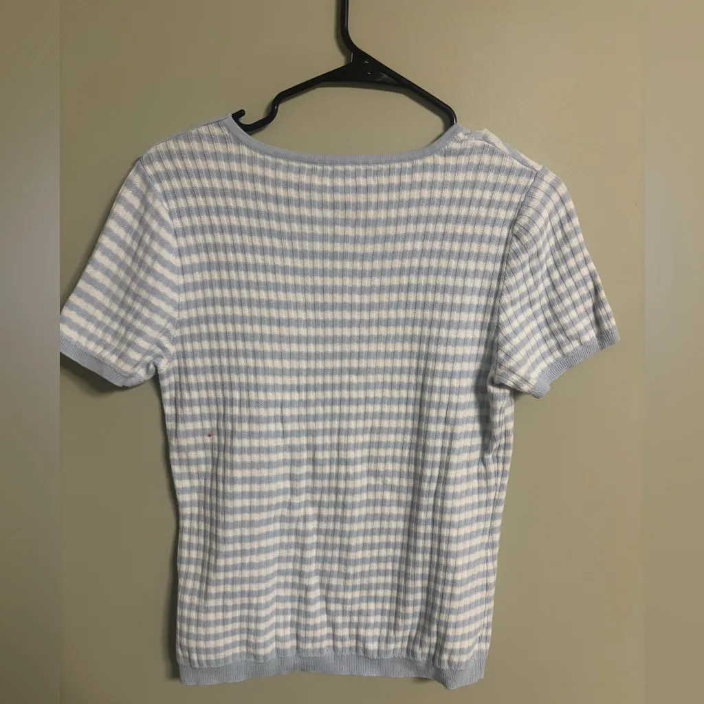 Brooks Brothers Short Sleeve Sweater Womens Size Medium Blue White Cotton Ribbed - Image 2