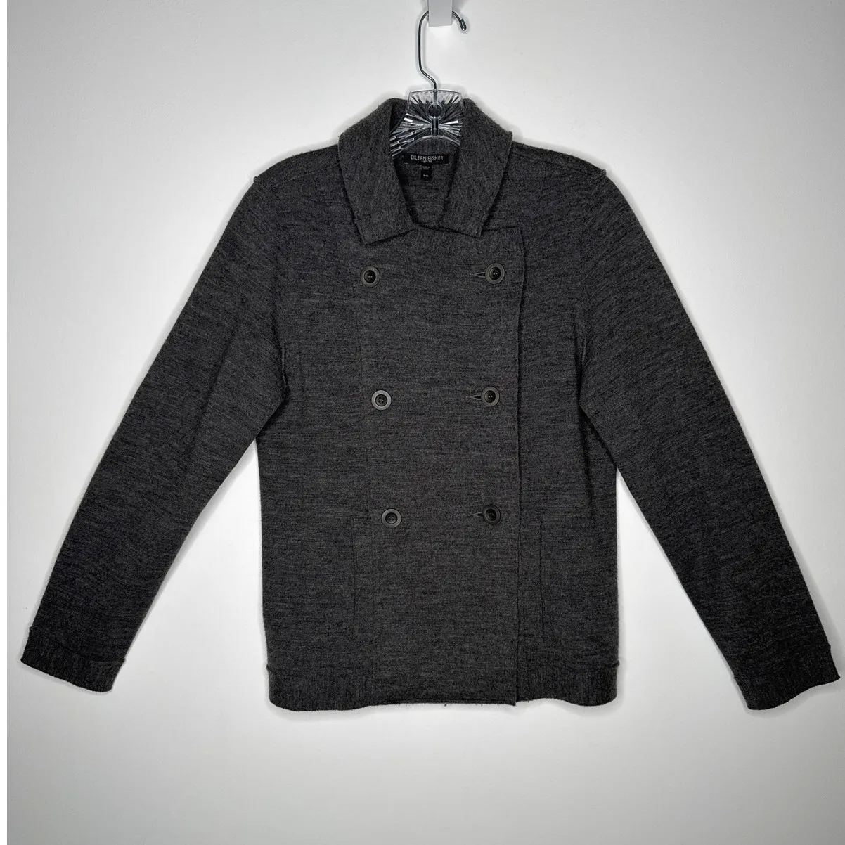 Eileen Fisher Petite Merino Wool Double-Breasted Peacoat Sweater Jacket medium P - Image 3