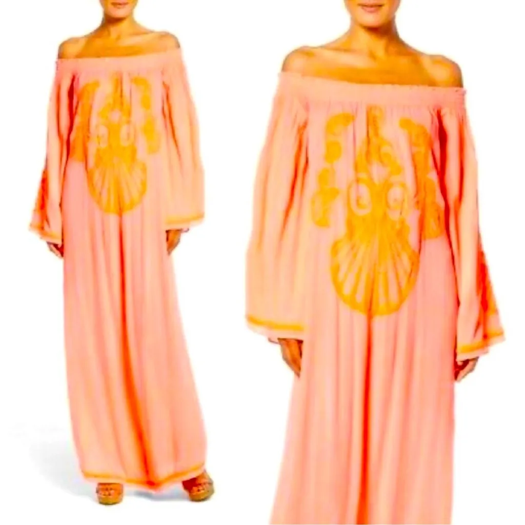 Lilly Pulitzer Nita Maxi Dress Off The Shoulder Guava Melon Beaded XXS - Image 4