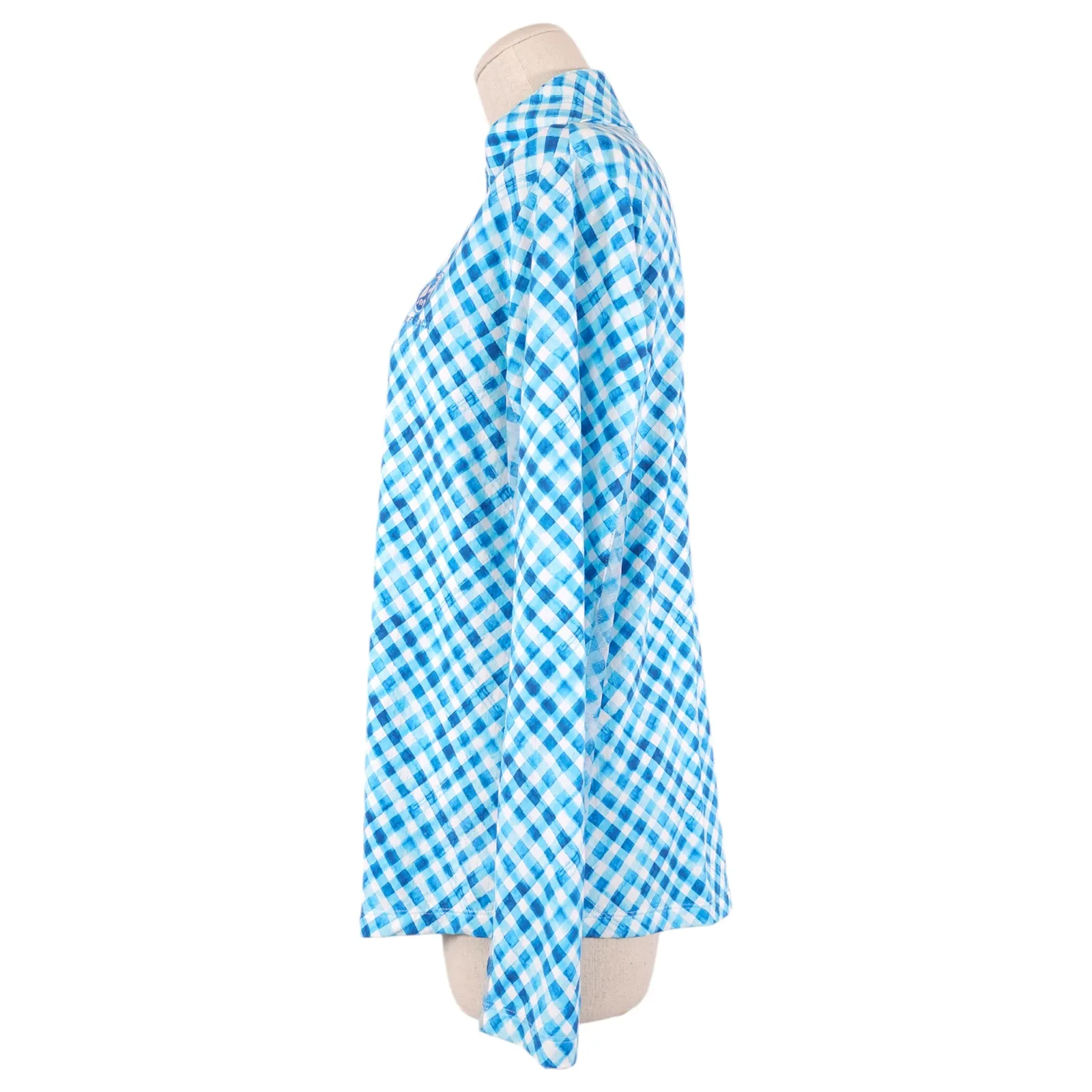 Ibkul Gingham Check Long Sleeve Mock Neck Top Sz Large Blue - Image 2