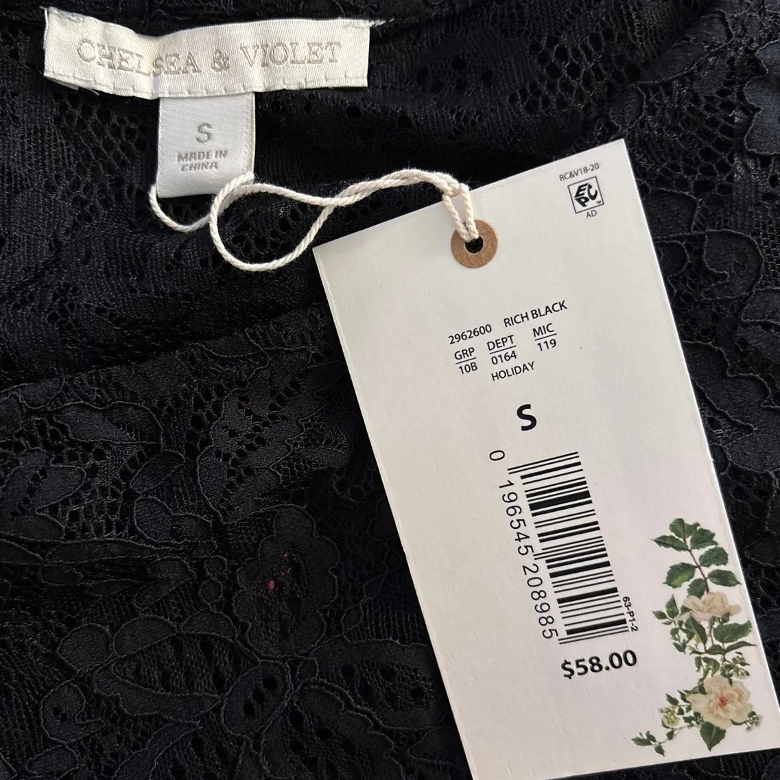 NEW Chelsea & Violet Size S Sheer Floral Lace Long Sleeve Top Black Goth Grunge - Image 3