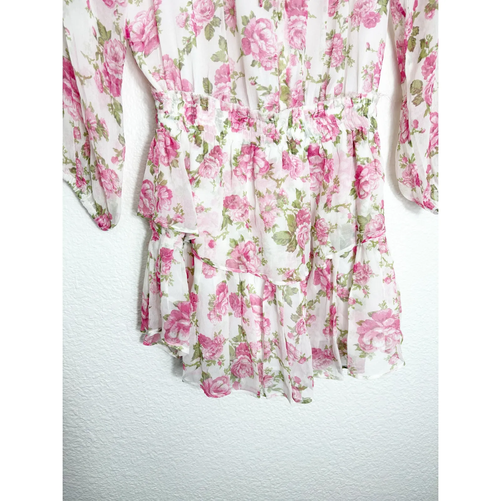 LoveShackFancy Popover Floral Silk Mini Dress Size Small Pink Long Sleeve - Image 11