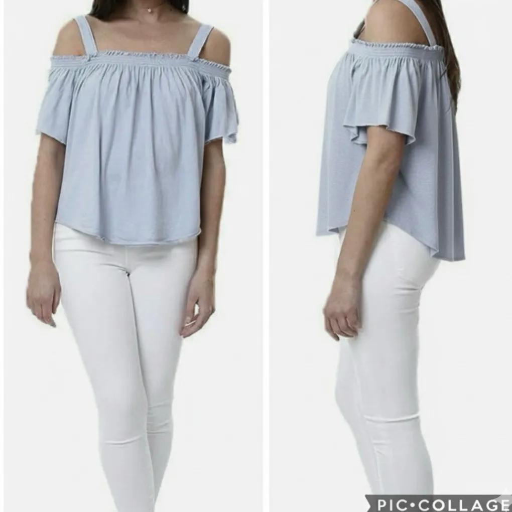 We The Free Top Blue Knit Cold Shoulder Short Sleeve high Low L Boho Casual Chic - Image 2