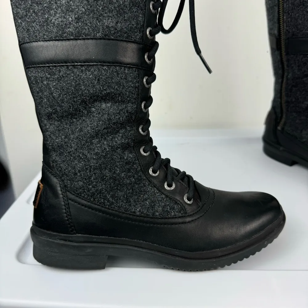 UGG Elvia Black Leather Waterproof Boots Sz 6 Knee High Lace Up Wool Lined - Image 12