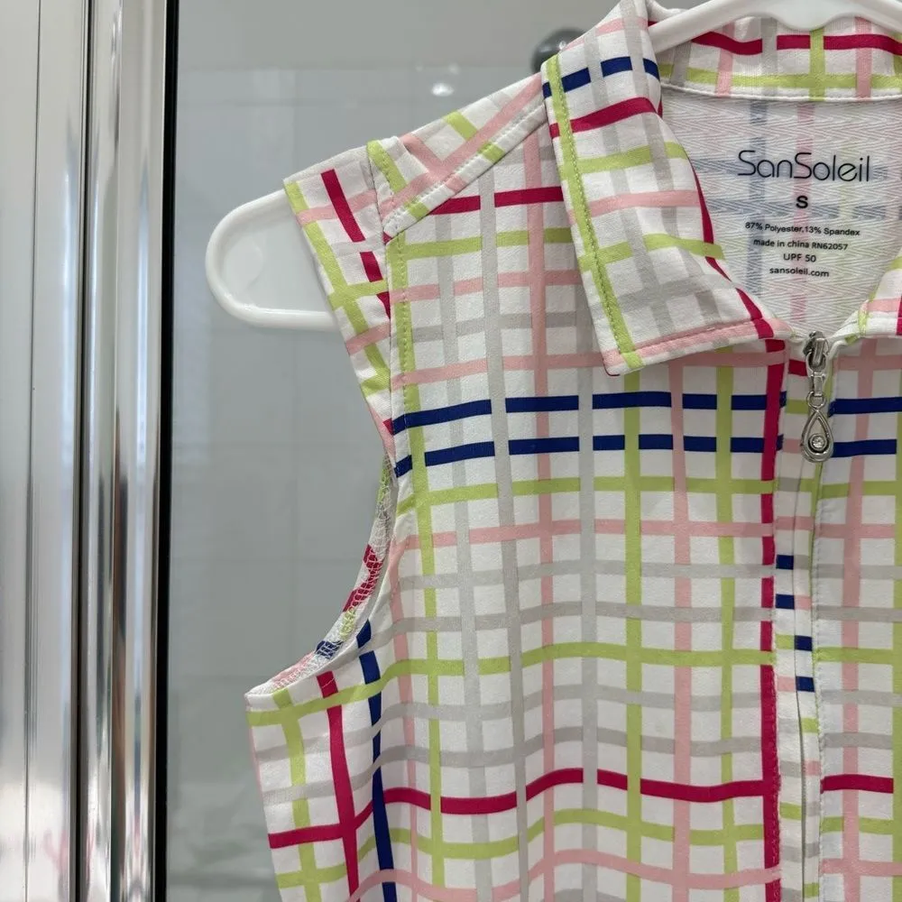 SanSoleil Plaid quarter zip sleeveless pink white blue green gray golf top small - Image 2