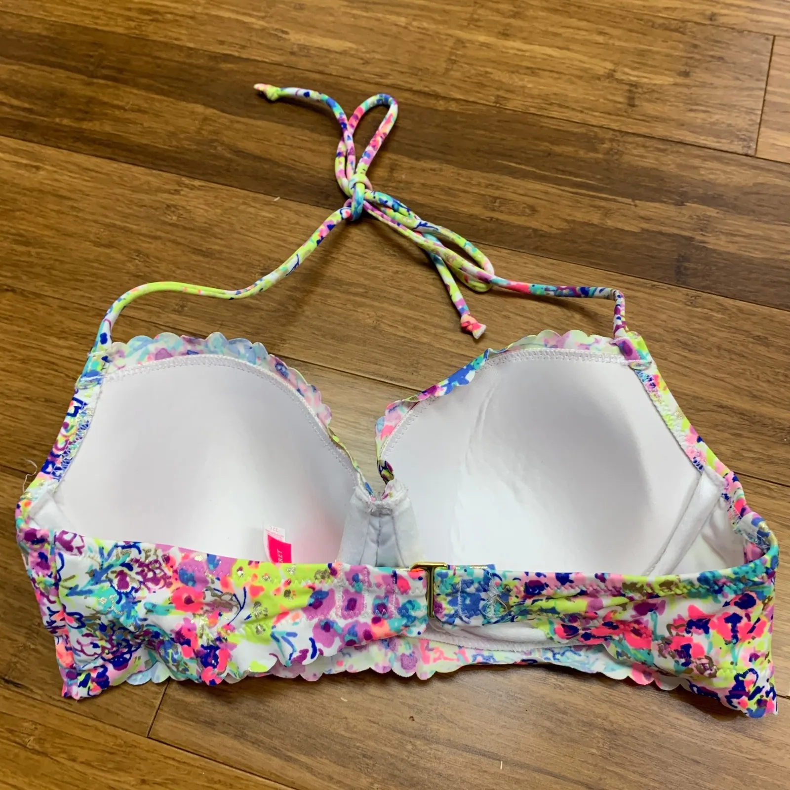 VICTORIAS SECRET PINK Floral Scalloped Underwire Halter Bikini Top Swim Size 32C - Image 2