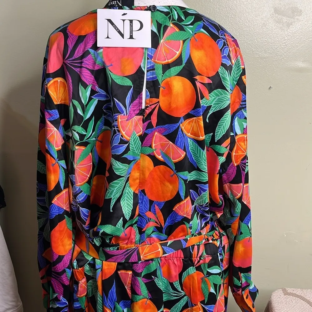 Nina Parker Oranges/ Blue floral Long Sleeve Satin Romper removable belt size 3X Orange - Image 5