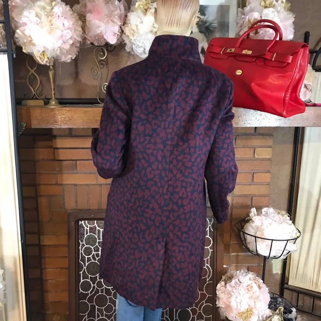LOFT NAVY BLUE AND MAROON LEOPARD PRINT WOOL BLEND COAT (M) - Image 5