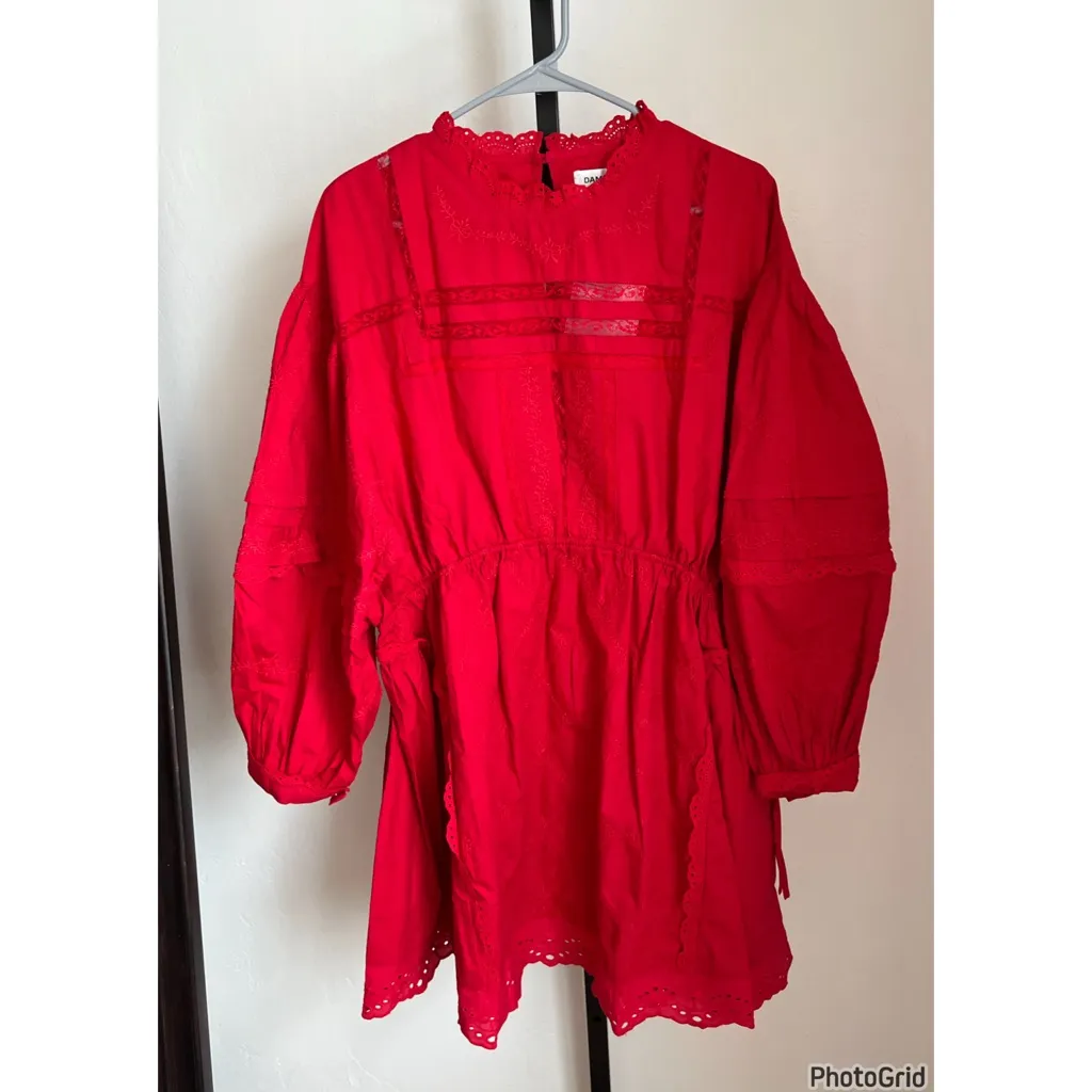 Anthropologie Damson Madder Clancy Long Sleeve Eyelet Red Dress Size 12 NEW - Image 3