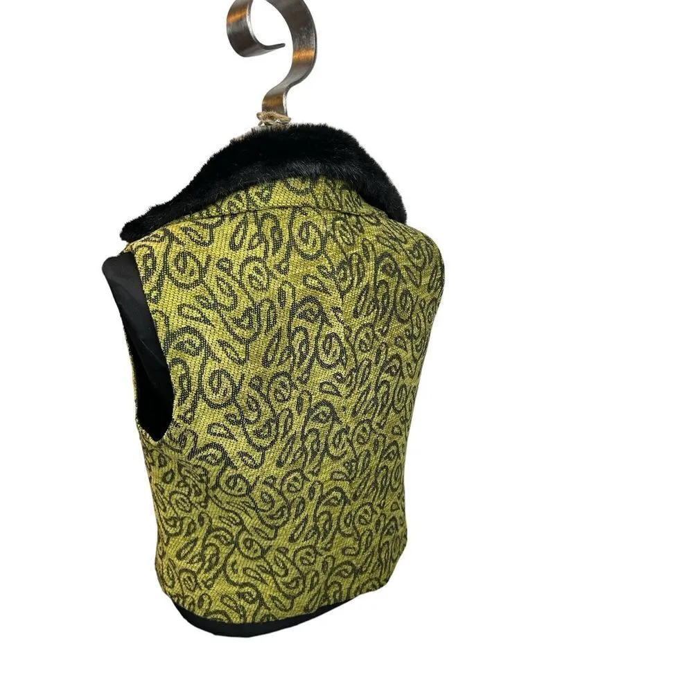 Vtg BOB MACKIE STUDIO green/yellow & Black Tapestry Vest Removable Faux Fur Coll - Image 2