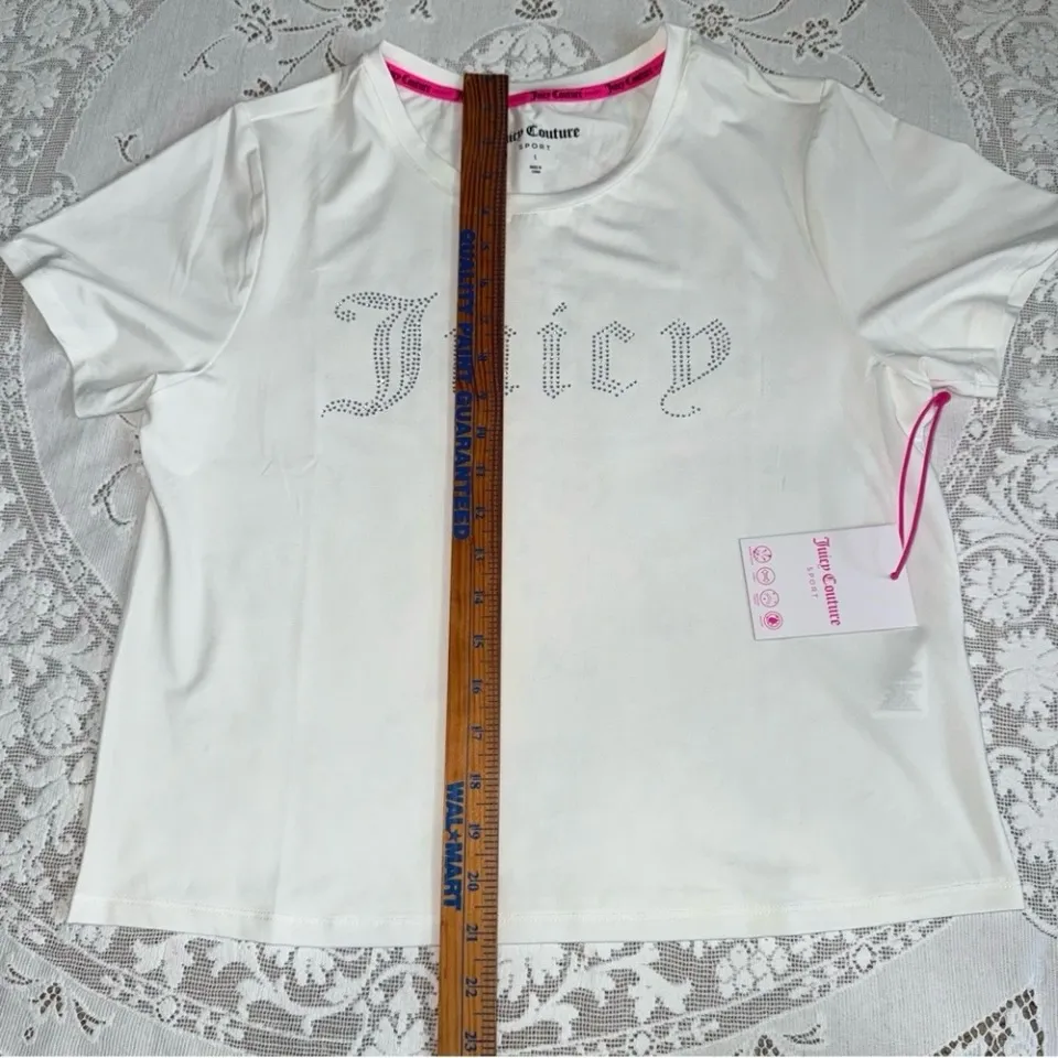 NEW Juicy Couture White Sport Short Sleeve Tee Rhinestone logo‎ size Large - Image 3