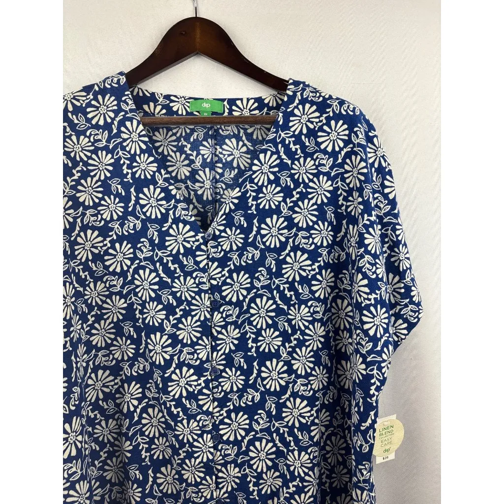 Women’s Dip 2X Cobalt Blue w/ White Florals Short Sleeve Button Up Shirt - Image 2