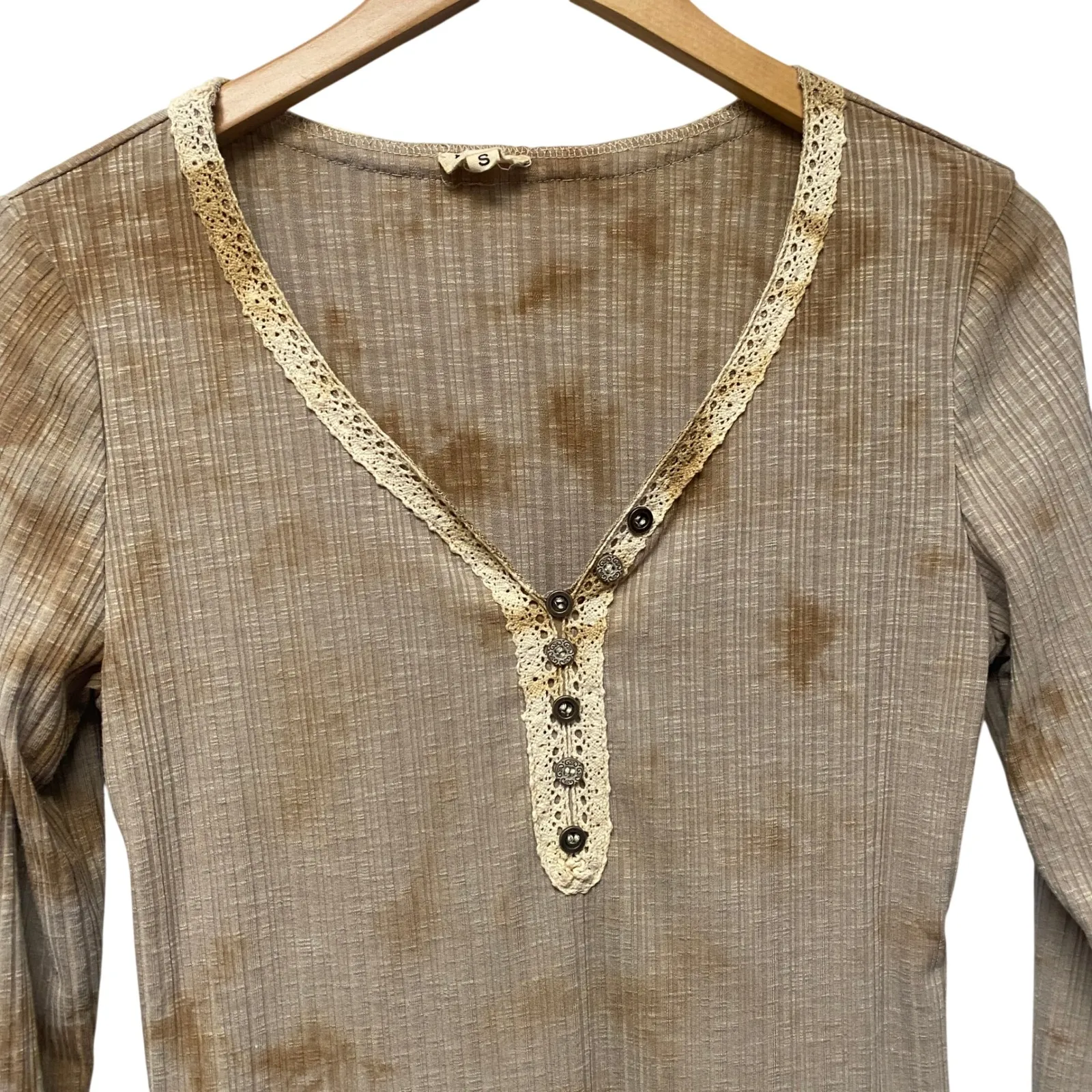 POL Vintage Style Earth Tone Ribbed Long Sleeve Lace Trim V Neck Henley Top Sz S - Image 2