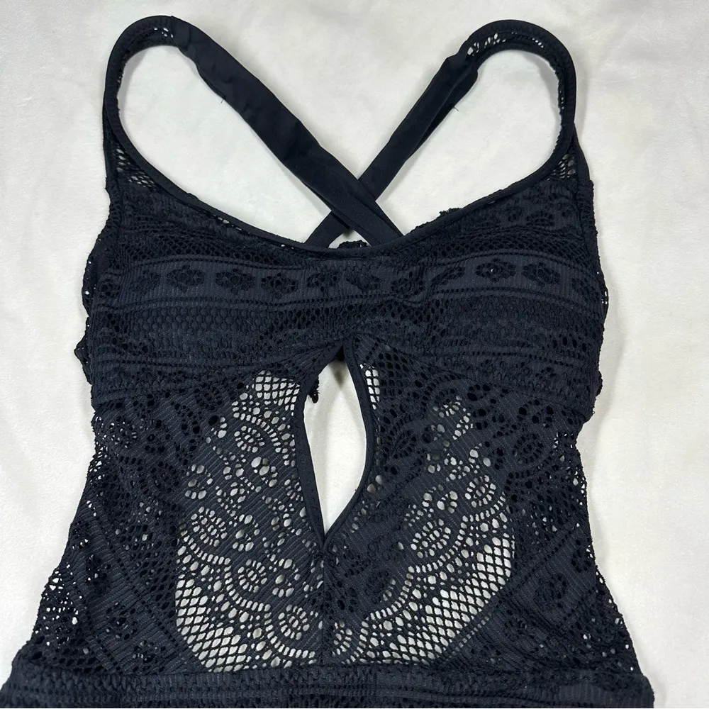 Becca Women's Black Tie-Front Crochet Lace Strappy One-Piece Swimsuit XS - Image 5