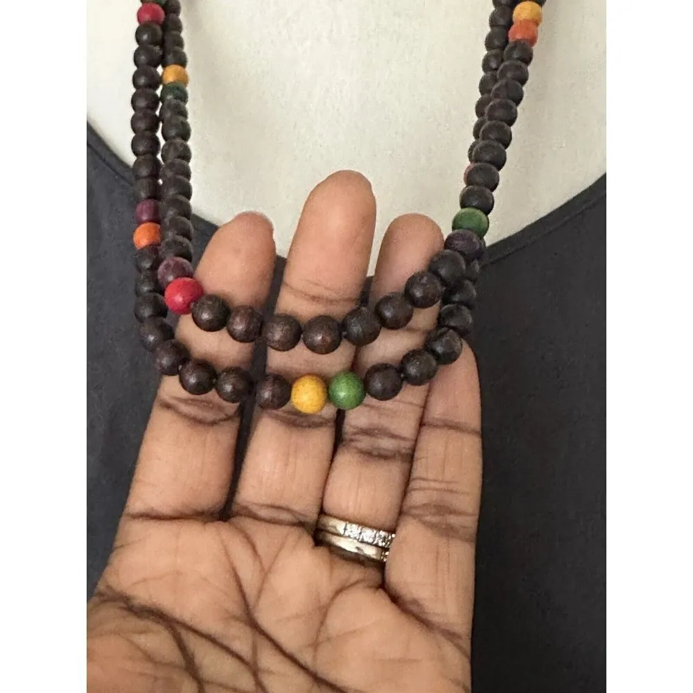 Ethnic Wood Bead Long Double Strand Necklace Yellow Green Red Vacation Brown - Image 4