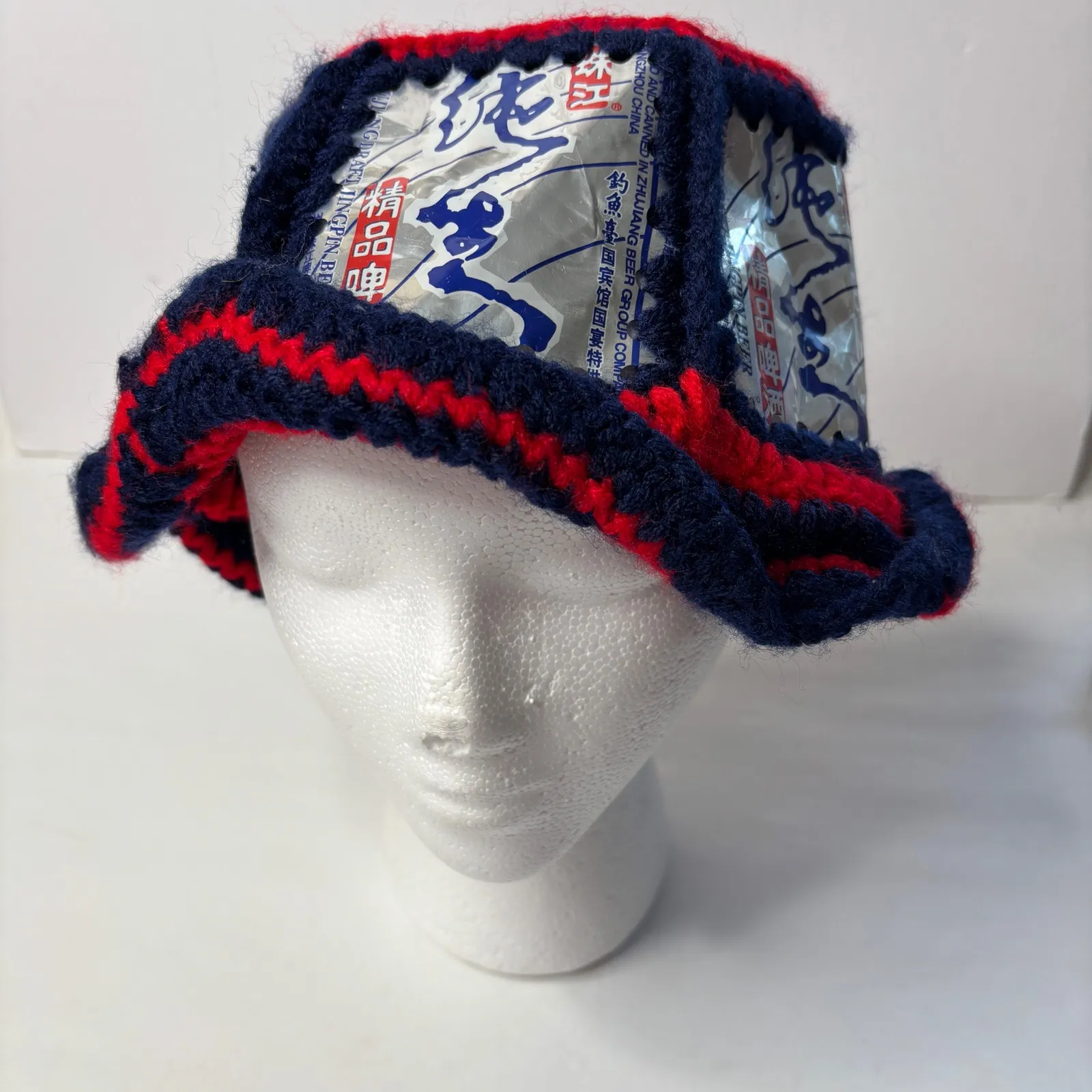 Handmade Crochet Beer Can Red‎ Blue Bucket Hat Cap Jingpin Asian Streetwear Red - Image 3