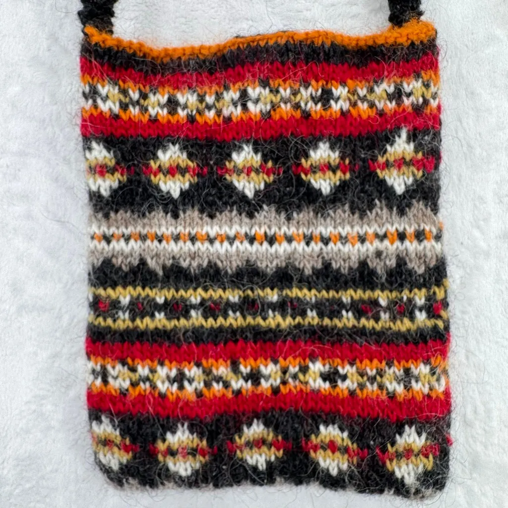 Hand Knit Wool Boho Crossbody Bag Taska Print Hippie Tribal Southwestern Black - Image 4