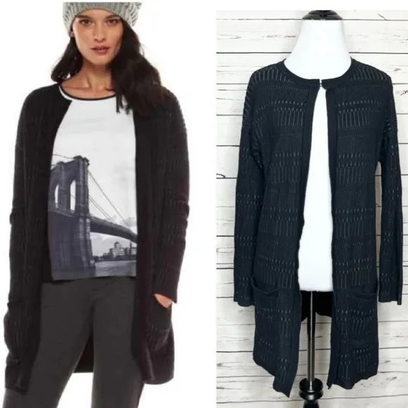 Ellie Tahari Black Textured Knit Long Cardigan Sweater Size XS - Image 2