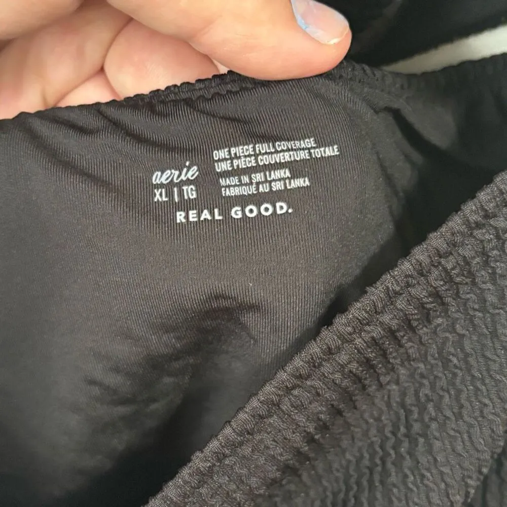 Aerie Crinkle Cut Out One Shoulder One Piece Swimsuit‎ Black XL - Image 3