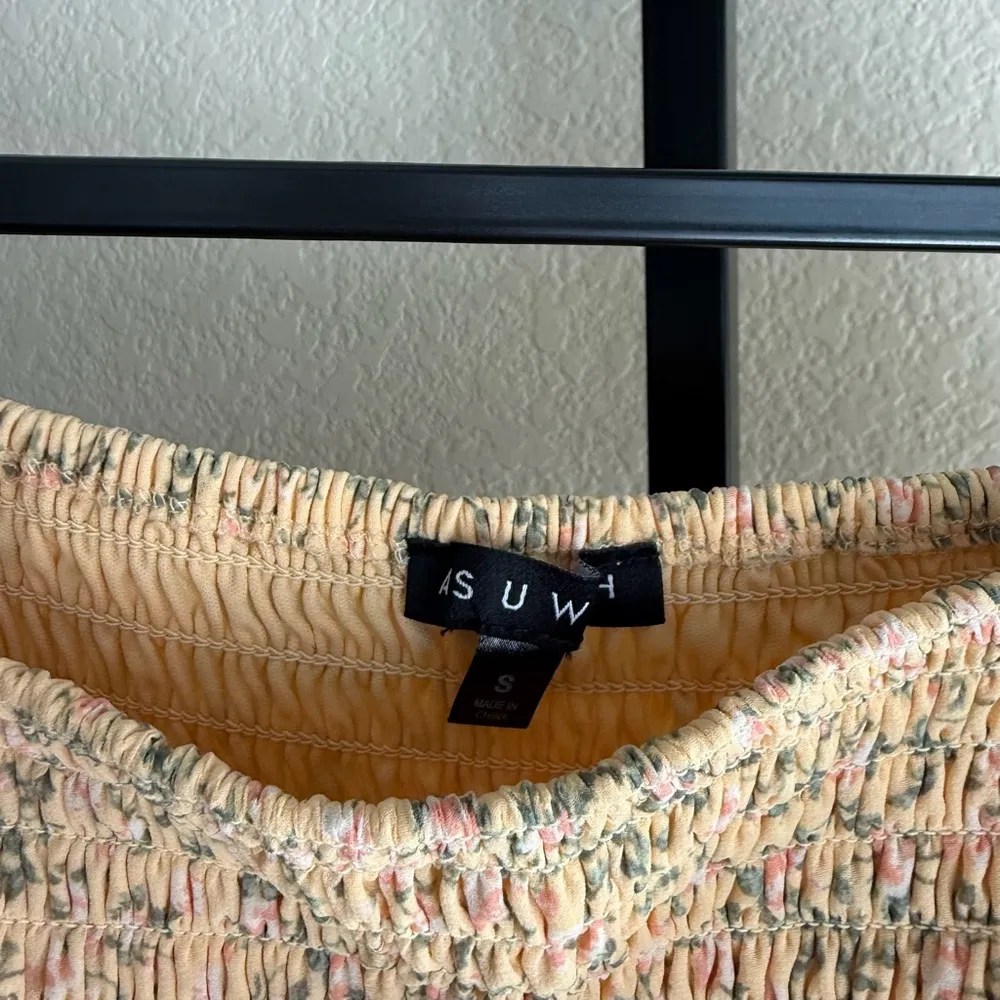 Yellow Floral High Low Smocked Dress Puff Sleeve Small Romantic Cottagecore Midi - Image 9