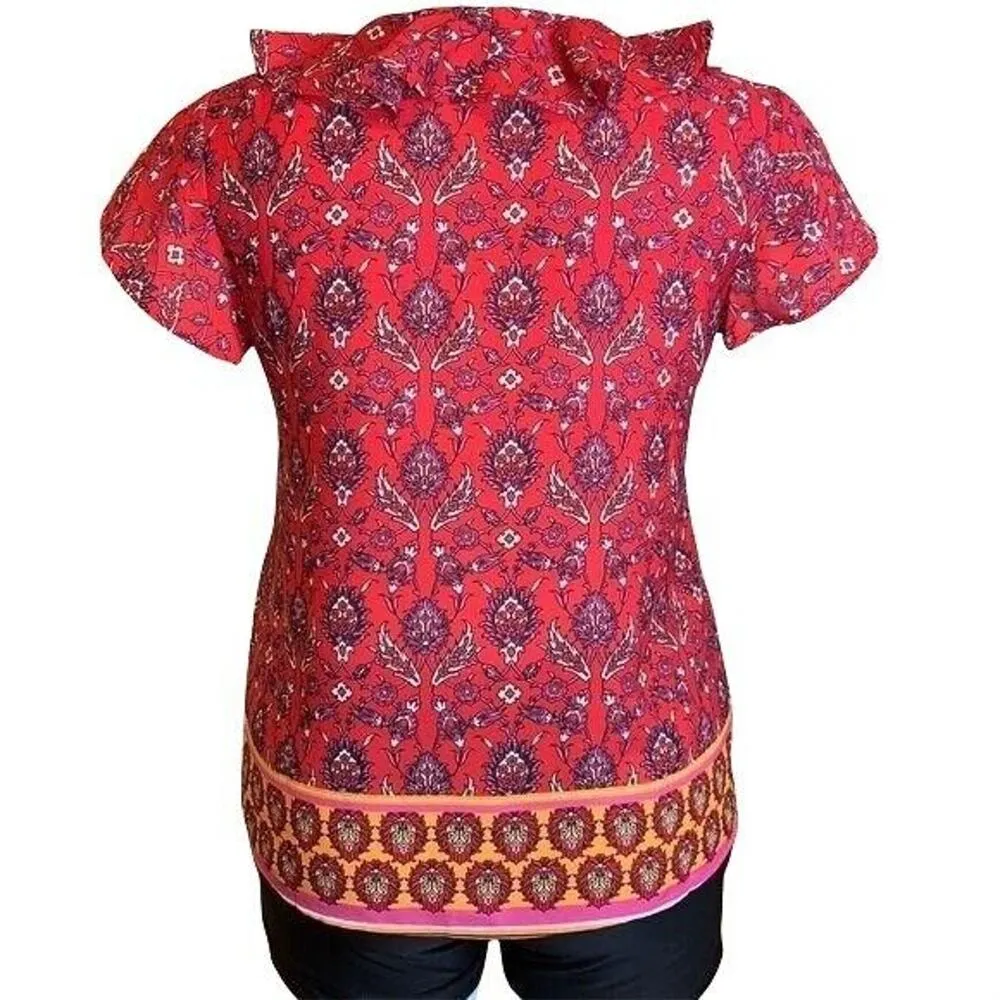 W5 Womens Blouse Top Ruffled V Neck Collar Relaxed Fit Short Sleeve Red Large - Image 4