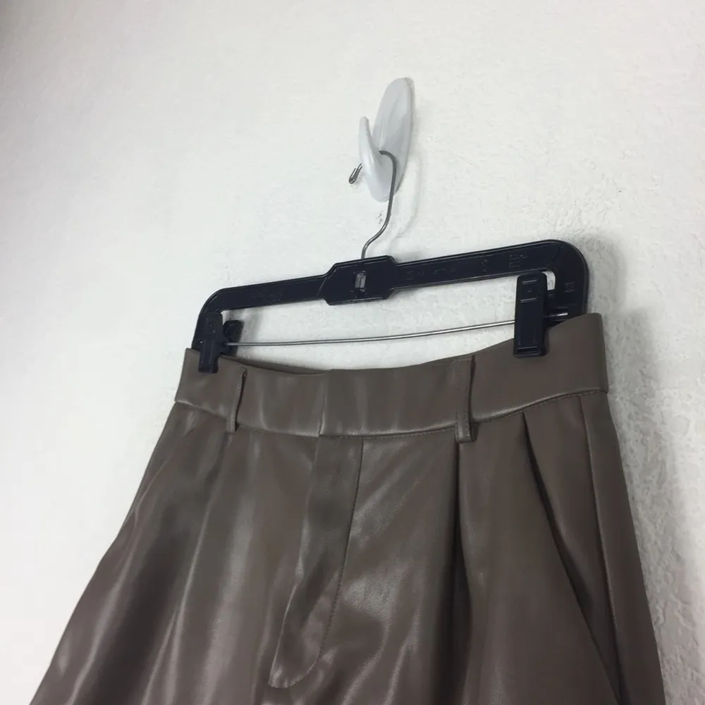 Zara Pleather Pleated High Waist Shorts Medium Faux Leather Taupe - Image 10